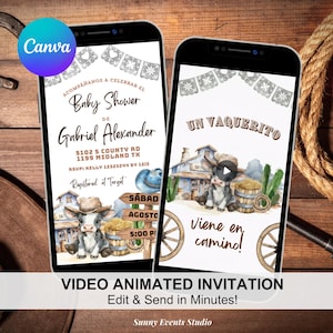 May include: Two smartphones displaying baby shower invitations. One features text in Spanish, the other in English. Both have a cowboy theme with illustrations of a calf, a barn, and a wagon wheel. The text "Video Animated Invitation" is at the bottom.