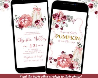 Blush and Burgundy Bow Coquette Pumpkin Baby Shower Video Invitation, Sweet Little Pumpkin Baby Shower, Fall Baby Shower Animation C140