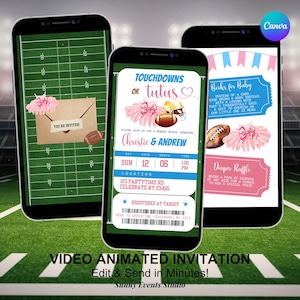 Puede incluir: Tres teléfonos inteligentes muestran una invitación digital de revelación de género con temática de fútbol americano y tutú. Las pantallas muestran texto que incluye Touchdowns or Tutus, detalles del evento, una solicitud de libros y una rifa.