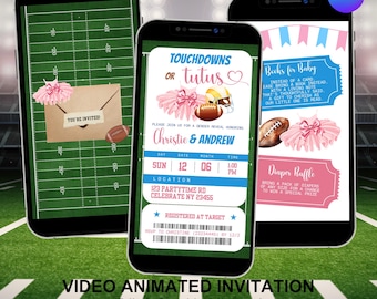 Touchdown or Tutus Gender Reveal Ticket Invitation, Football or Tutus Gender Reveal, Canva Animation Sports Theme Gender Reveal AC44