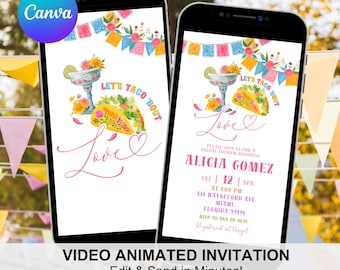 Invitación colorida para despedida de soltera "Fiesta Taco Bout Love", invitación para despedida de soltera en Talavera, animación para despedida de soltera en Canva Papel Picado C233