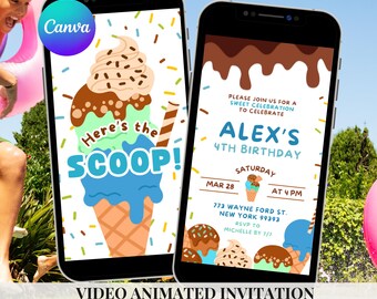 Animated Boy Ice Cream Here's the Scoop Birthday Video Invitation, Summer Chocolate Ice Cream Theme Boy Birthday Animated Invitation, V4