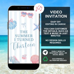 May include: A smartphone displays a video invitation with a beach theme. The invitation reads "The Summer I Turned Thirteen" with seashell and starfish illustrations. The right side of the screen has text that says "Video Invitation" and "Easy DIY Editing in Canva!"
