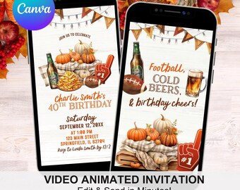 Football Beers Adult Male Birthday Video Invitation, Cheers and Beers 30 40 50 Birthday Invite, Fall Pumpkin Football Birthday Animation C68
