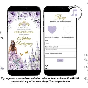 May include: Two smartphones display a Quincea&ntilde;era invitation and RSVP form. The invitation features a princess illustration, castle, and floral accents in purple and gold. The RSVP form includes fields for name, contact, and attendance.