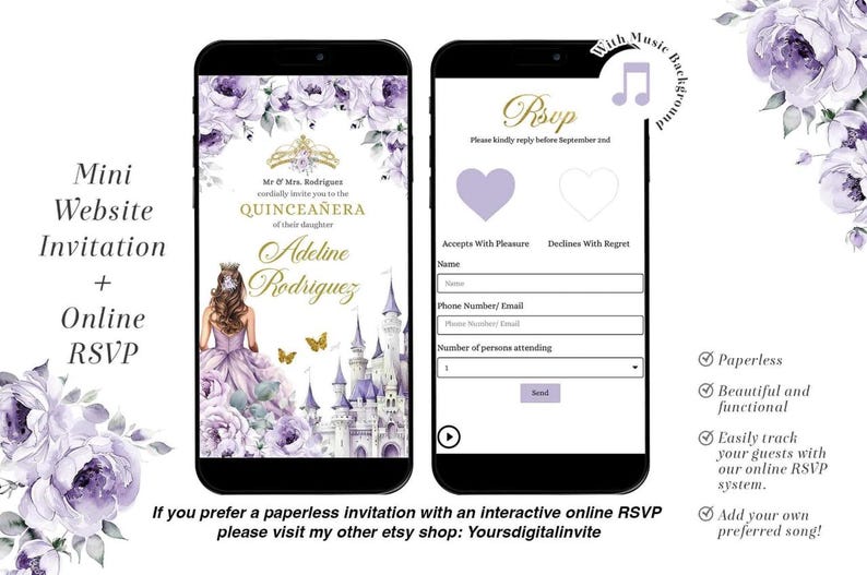 May include: Two smartphones display a Quincea&ntilde;era invitation and RSVP form. The invitation features a princess illustration, castle, and floral accents in purple and gold. The RSVP form includes fields for name, contact, and attendance.