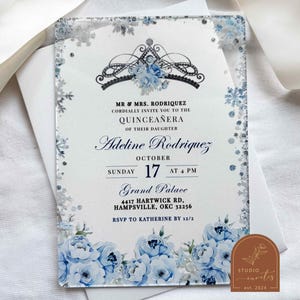 Winter Snowflake Crown Quinceanera Acrylic Invitation, Blue winter Mis Quince Anos Acrylic Transparent Invitation, Elegant Acrylic Invite