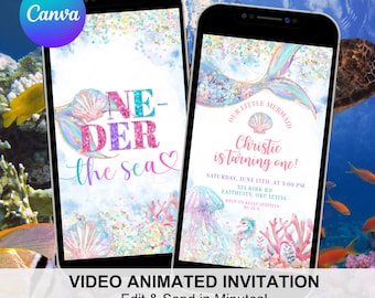 Oneder The Sea Mermaid 1st birthday invitation, Glitter Mermaid Bash 1st Birthday Invite, Canva Editable Sea Shell Birthday Animation C180