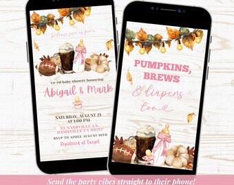 Pink Fall Boho Pumpkins Too Co-ed Baby Shower Video Invitation, Pumpkin Brews and Diapers Too Baby Shower, Fall Baby Shower Animation C141