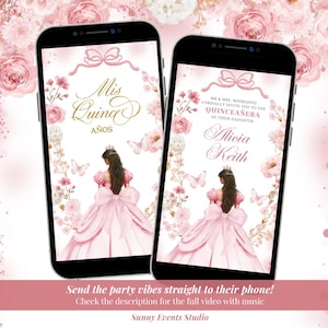 Blush Pink Coquette Bow Princess Quinceanera Video Invitation, Pink Floral Butterfly Sweet 16th Invite, Mis Quince XV Años Animation A18