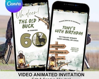 Oh Deer! Hunting Camo Adult Birthday Video Invitation, The Old Buck Is Turning 60 Birthday Invite, Hunting Theme Birthday Animation C138