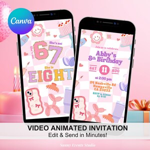 May include: Two smartphones displaying a pink birthday invitation with the text "Abby's 8th Birthday." The design includes a checkerboard pattern, cake illustrations, and the words "Video Animated Invitation."