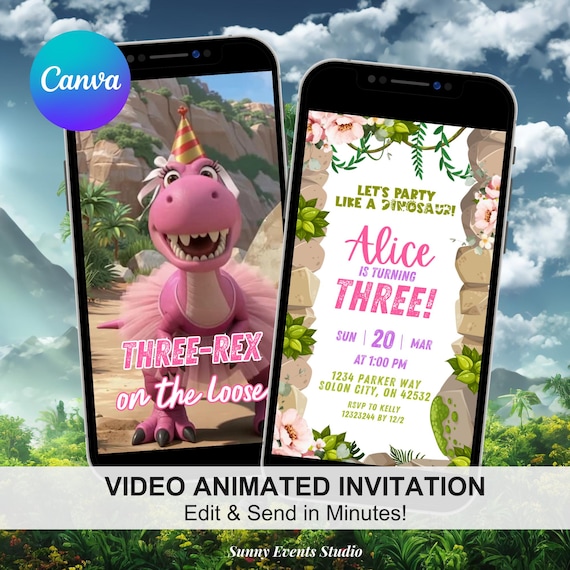 Self Editable Pink Dinosaur Three-Rex Roar Birthday Party Invitation, Three-Rex On The Bone Birthday, Animated Dinosaur Girl Birthday Video