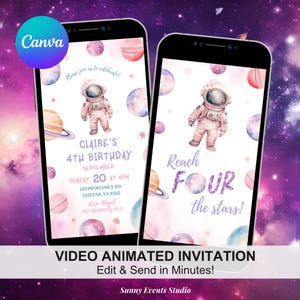 Reach Four The Stars 4th Birthday Video Invitation, Outer Space Planets Astronaut Birthday, Modern Birthday Girl Animated Invitation C59