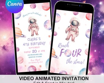 Inbjudan till 4-årsdag med video, rymdplaneter, astronautfödelsedag, modern födelsedagsflicka animerad inbjudan C59