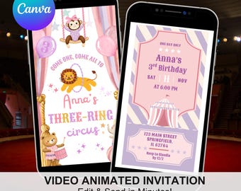 Pink Purple Three-ring Circus Girl Birthday Invitation, Carnival Theme Kids 3rd Birthday, Birthday Ticket Editable Canva Animation C260