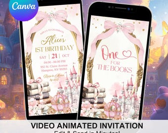 Blush Pink Coquette Bow Fairytale Storybook First Birthday Video Invitation, One For The Book 1st Birthday Kingdom Birthday Animation A6
