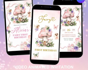 Pink Sage Purple Enchanted Forest Birthday invitation, Spring Woodland Fairy First birthday Invite, Canva Wild Animals Birthday Animation G2
