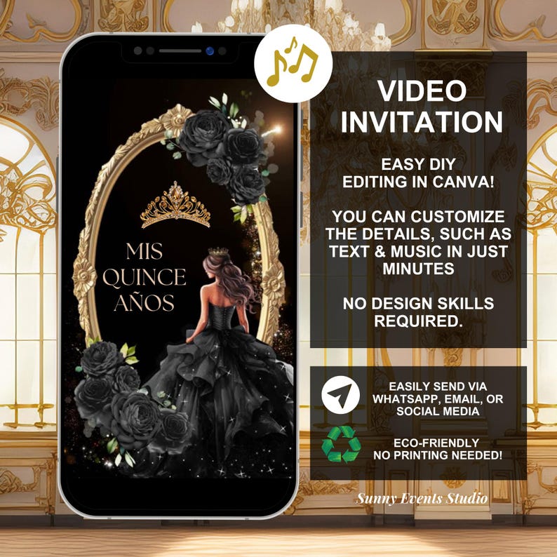 Animated Elegant Gold Princess Quinceanera Invitation, Black Roses ...