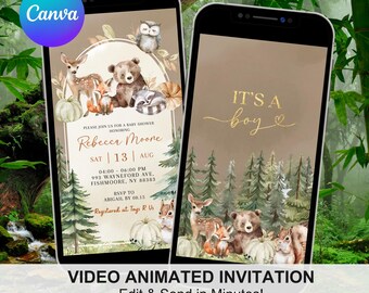 Boho forest wild animals baby shower video invitation, pumpkin fall boy baby shower, woodland animal earth tone baby shower Animation C39