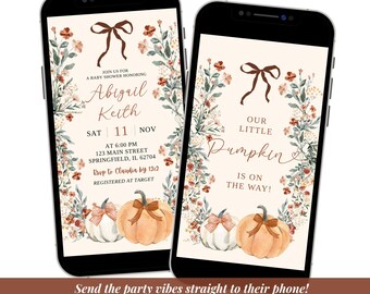 Coquette Wildflower Pumpkin Baby Shower Video Invitation, Little Pumpkin on the way Baby Shower, Red Bow Baby Shower Animation Video C118