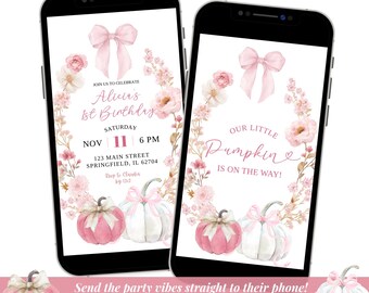 White and Pink Bow Coquette Baby Shower Video Invitation, Little Pumpkin on the way Baby Shower Invite, Pink Floral Pumpkin Baby Shower A18