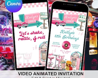Pink Retro Diner Girl Birthday Party Invitation, 1950s Diner Retro Party Invite, 50s Midcentury Sock Hop Diner Party Video Animation R3