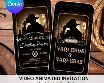 Rustic Wood Boots and Beers Birthday Video Invitation, Vintage Cowboy Western Adult Birthday, Wanted Adult Birthday Animation Video AC36