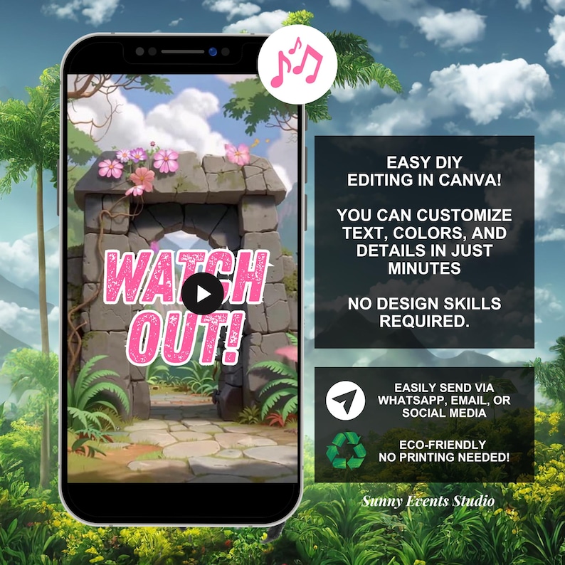 May include: A smartphone screen displays a digital graphic with the words "WATCH OUT!" in pink. The image features a stone archway with pink flowers, set against a tropical background. Text on the right promotes easy editing in Canva and eco-friendly sharing.