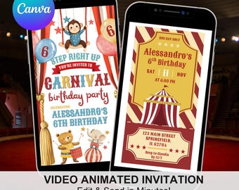 Red Yellow Fun Circus Birthday Invitation, Carnival Theme Kids Birthday Invite, Editable Circus Ticket Birthday Party Canva Animation C260