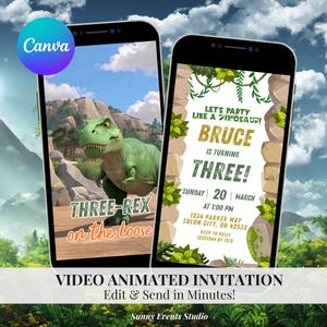 以下が含まれることがあります： 2つのスマートフォンに恐竜をテーマにした誕生日招待状が表示されています。1つは「THREE-REX on the loose」というテキストが入った緑色のティラノサウルスレックスを表示しています。もう1つは、日付、時間、場所とともに「ブルースは3歳になります！」という招待状の詳細を表示しています。