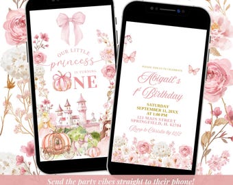 Fall Pumpkin Carriage Princess Kingdom Birthday Video Invitation, Our Little Princess Is Turning One Birthday, Pink Bow First Birthday A18