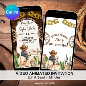 Puede incluir: Dos smartphones que muestran invitaciones animadas para un baby shower con temática de vaquero. Las invitaciones presentan a un niño montando a caballo, cactus y elementos decorativos. El texto incluye detalles del evento y la frase "Video Animated Invitation."