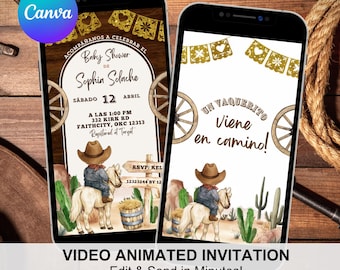 Spanish Cowboy Baby Shower Invitation, Un Vaquerito Viene en Camino Baby Shower Invite, Canva Editable Southwest Baby Shower Animation C137