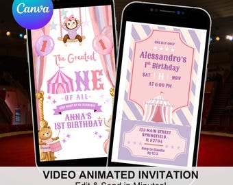 Pink Purple The Greatest ONE Circus Girl Birthday Invitation, Carnival Theme Kids Birthday, First Birthday Editable Canva Animation C260
