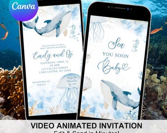 Zomer oceaan zee je binnenkort babyshower video-uitnodiging, nautische baby is onderweg babyshower, geanimeerde zeedieren babyshower C128