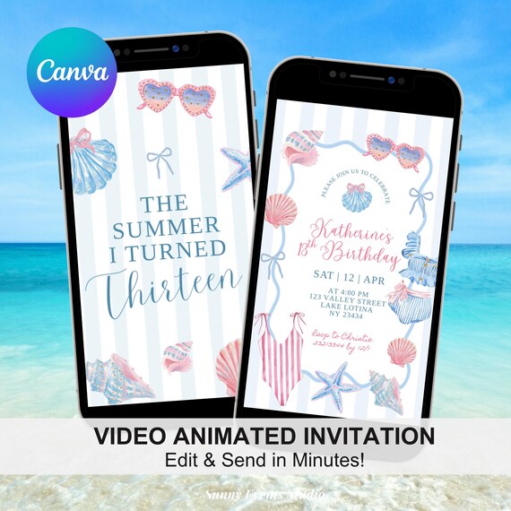 Whimsical Teenager Birthday The Summer I turned Birthday Invitation, Coastal Girl Birthday Invite, Canva Editable Birthday Animation C220