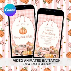May include: Two smartphones displaying a digital birthday invitation template featuring a pink gingham background, a pink vintage truck, pumpkins, and a ribbon frame. The text reads Meet us at the pumpkin patch and Anna's 6th Birthday.