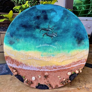 resin ocean coffee table with metal legs beach themed end table crashing waves bedside nightstand blue epoxy beach house table