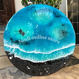 resin ocean coffee table with metal legs GLOW IN DARK beach themed end table crashing waves bedside nightstand blue epoxy beach house table