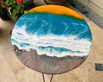 Resin Coffee Table with Sunset Waves – Handmade Epoxy Coastal Beach House Decor