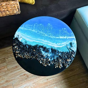 resin ocean coffee table with metal legs beach themed end table crashing waves bedside nightstand blue epoxy beach house table