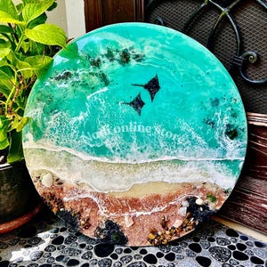 resin ocean coffee table with metal legs beach themed end table crashing waves bedside nightstand blue epoxy beach house table