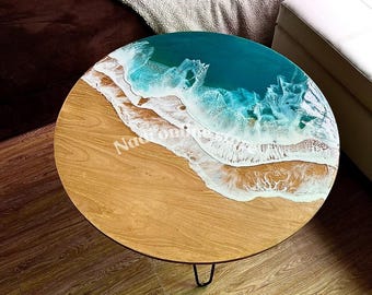 Ocean Resin Coffee Table with Manta Rays – Coastal Epoxy Beach Art Furniture