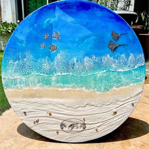 resin ocean coffee table with metal legs beach themed end table crashing waves bedside nightstand blue epoxy beach house table