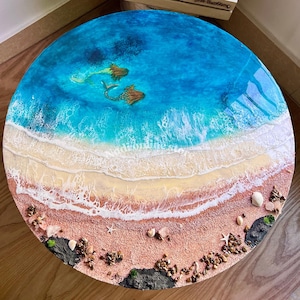 resin ocean coffee table with metal legs beach themed end table crashing waves bedside nightstand blue epoxy beach house table