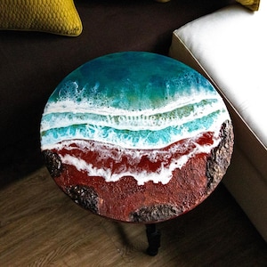 resin ocean coffee table with metal legs coastal beach themed end table crashing wave bedside nightstand green round epoxy beach house table