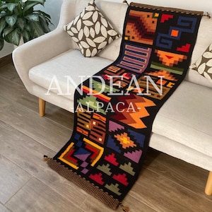 Handgeweven Inca-wandtapijt – zwarte Andeskalender textiel, vloerkleed, tapijt, boho-decor voor hal, hal, woonkamer