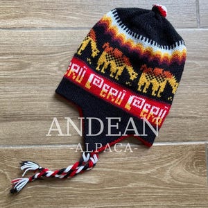 May include: Black knit cap with a colorful Peruvian design. The cap features camel figures, the text "PERU" in red, and the words "ANDEAN ALPACA". It has a braided tassel with red, white, and black threads.