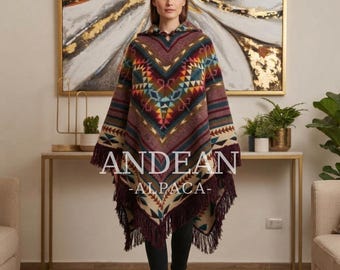 Poncho de lana de alpaca peruana hecho a mano con capucha – Diseño andino inca